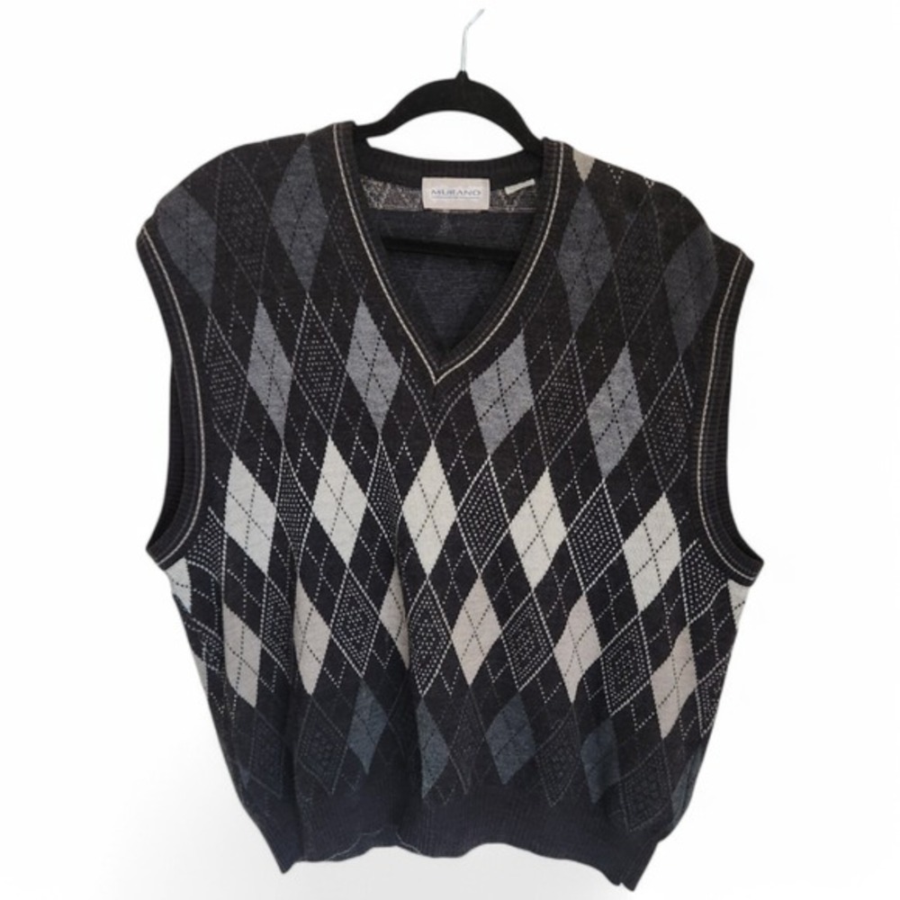 Vintage Murano Knit Vest Wool Blend XL Argyle Black V‎ Neck Sleeveless
